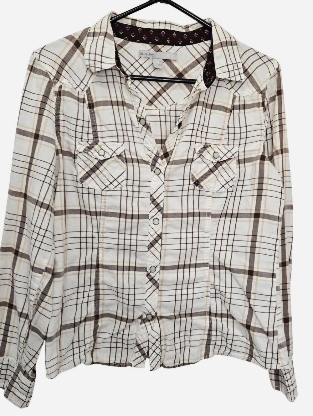 Old Navy Brown & Cream Plaid Pearl Snap Long Sleeve Shirt Women's Medium